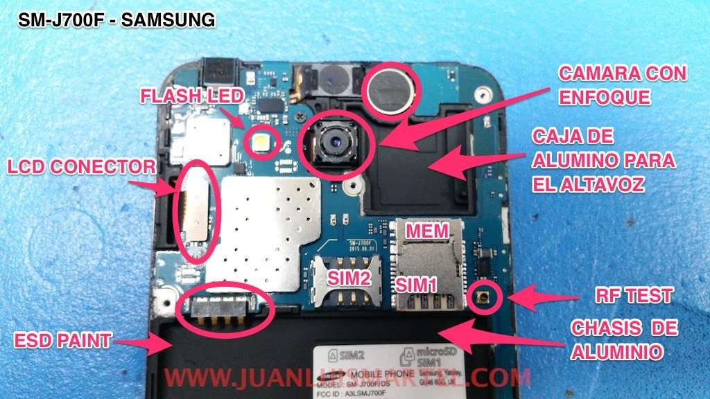 Samsung J7 pintura ESD anti estática en el chasis,conector del Lcd, Flash Led, enfoque de camara trasera,conector de test de RF